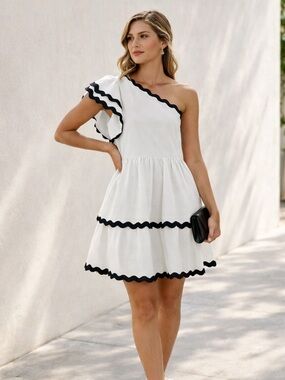 Zesica One Shoulder Ruffle Mini Dress Tiered Wave Trim A Line NWT Size Small